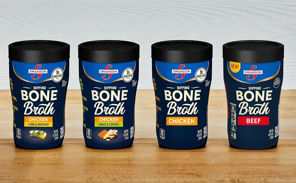 Swanson Sipping Bone Broth, Chicken Bone Broth with Ginger & Turmeric, 10.75 Ounce Sipping Cup (Pack of 8) - swanson sipping bone broth; chicken bone broth; bone broth with collagen protein; healthy snack