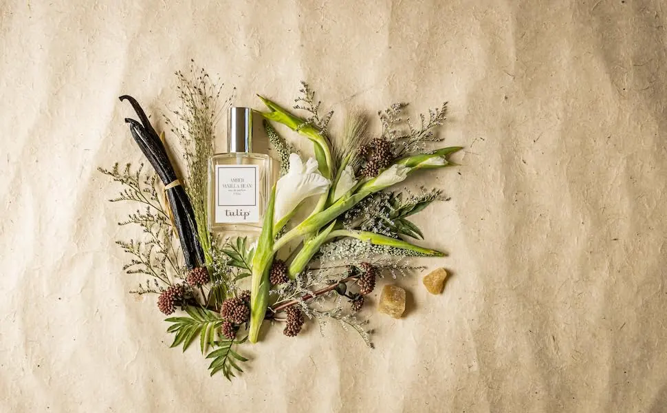 Tulip Amber Vanilla Bean Eau de Parfum - Amber Vanilla Perfume Bottle on top of flowers and herbs