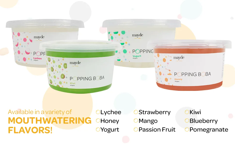 Mayde Bursting Popping Boba Pearls, Strawberry, Mango, Passion Fruit - 3 Flavor Party Kit (490 gms, 3 pack) - Mayde boba fruit pearls, popping boba pearls
