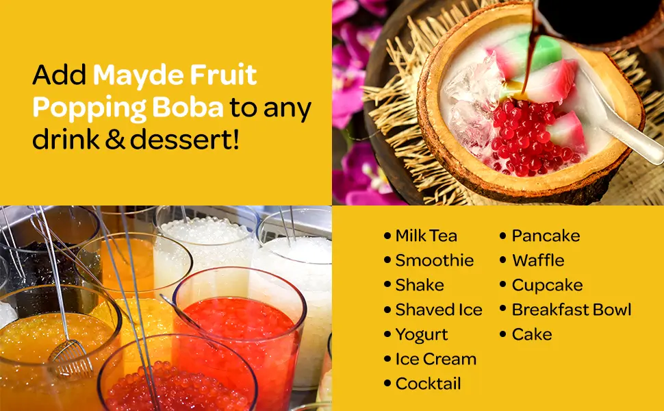 Mayde Bursting Popping Boba Pearls, Strawberry, Mango, Passion Fruit - 3 Flavor Party Kit (490 gms, 3 pack) - Mayde tapioca pearls for bubble tea, bubble tea pearls for drinks and desserts