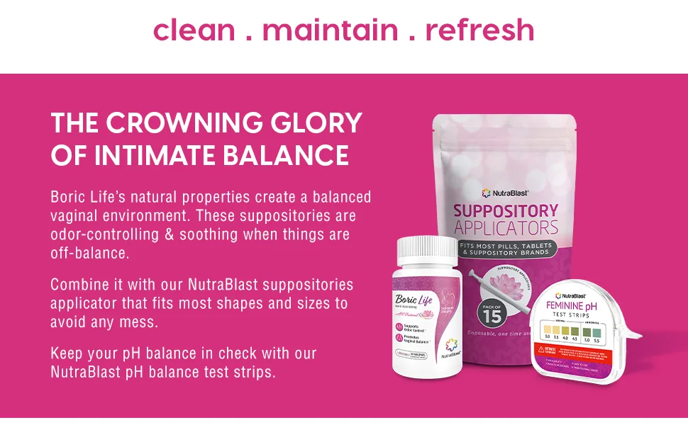 NutraBlast Boric Acid Vaginal Suppositories 600mg (30 Count) w/NutraBlast Disposable Vaginal Suppository Applicators (15-Pack) and Feminine pH Test Strips 3.0-5.5 (100 Tests Roll) - safe and effective intimate balance odor-controlling ph balance