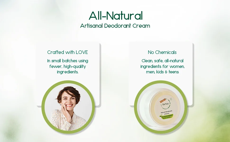 BeNat. VEGAN Artisanal Natural Deodorant Cream. Tea Tree & Rosemary. Simple Safe and Effective. Fewer all-natural ingredients that really work! VEGAN. Tea Tree & Rosemary - Deo cream TT3