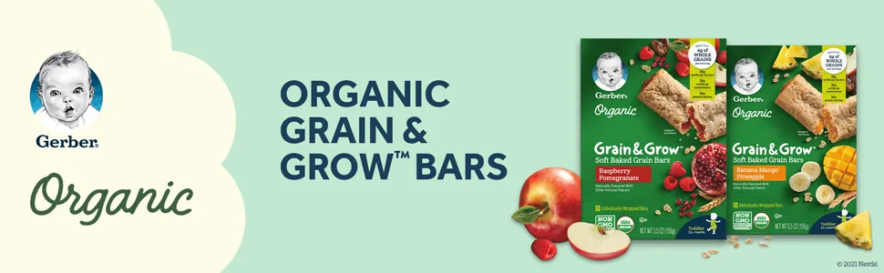 Gerber Snacks for Toddler Organic Soft Baked Grain Bars, Grain & Grow, Banana Mango Pineapple, 5.5 Ounce (Pack of 8) - Organic Grain & Grow Bars