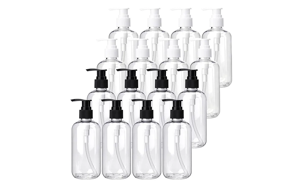 Bekith 16 Pack Empty Lotion Bottles with Black and White Pumps, 8oz Plastic Clear Round Bottles Containers for Creams, Hand Soap, Body Wash - product information 2