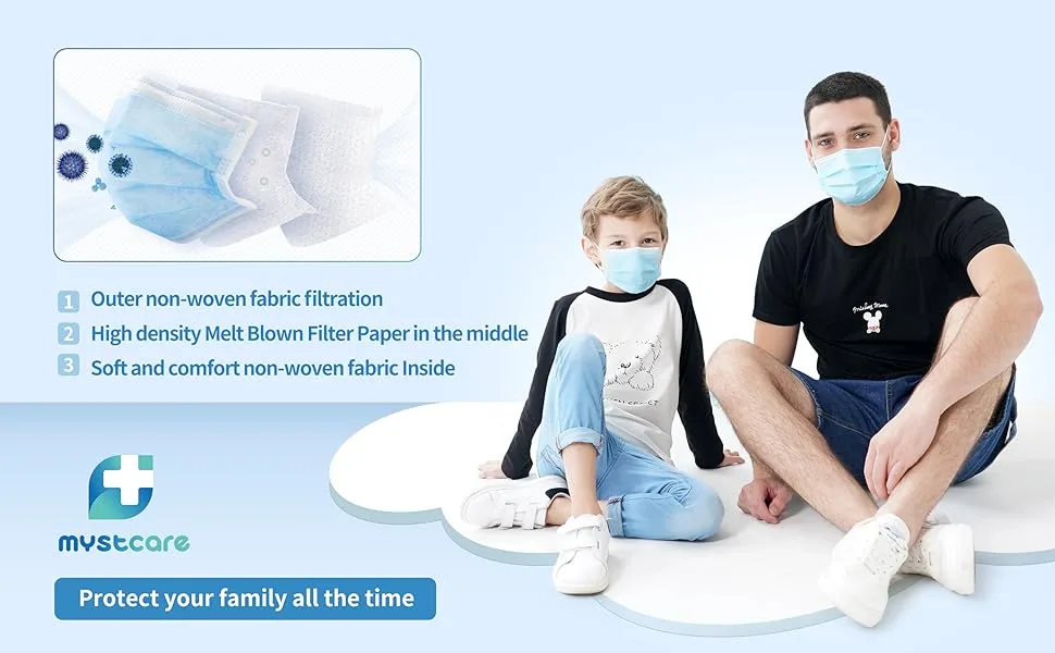 mystcare Disposable Face Mask 50 Pack Individually Packaged Wrapped Protection For Adults 3-layer Filter Safety Face Masks Blue - disposable face masks