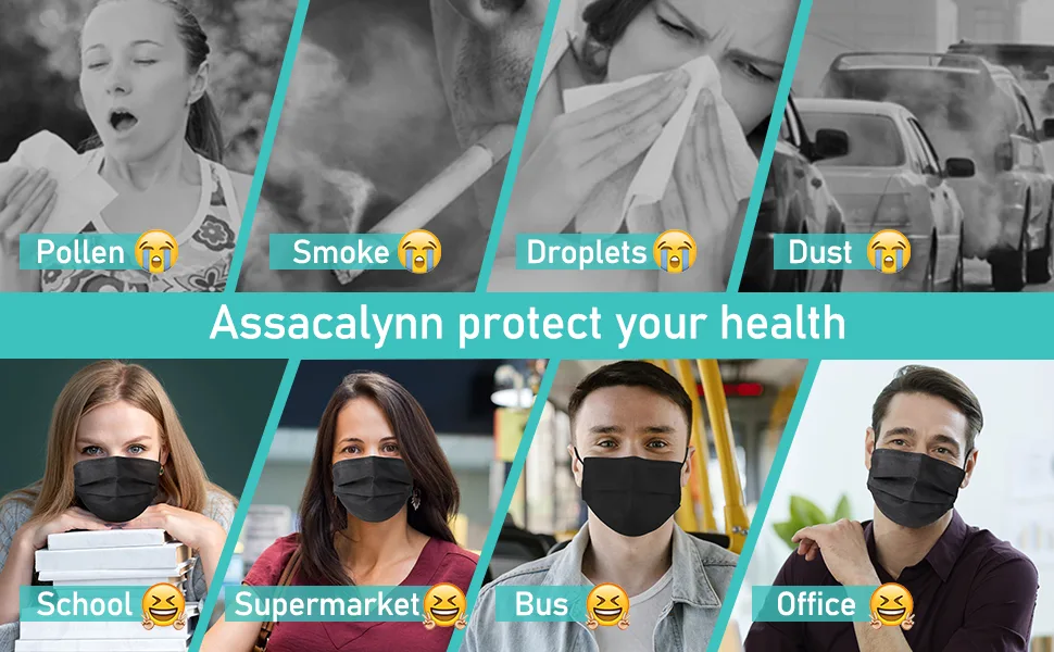 Assacalynn Disposable Face Masks 4 Layers, 2022 Upgraded 50PCS Black Mask with White Inside, Breathable Face Mask with Comfortable Flat Elastic Ear Bands 1 Count (Pack of 50) Black - disposable black face mask