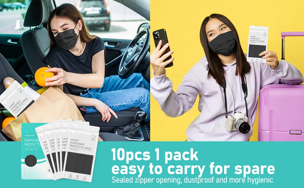 Assacalynn Disposable Face Masks 4 Layers, 2022 Upgraded 50PCS Black Mask with White Inside, Breathable Face Mask with Comfortable Flat Elastic Ear Bands 1 Count (Pack of 50) Black - easy to carry mask