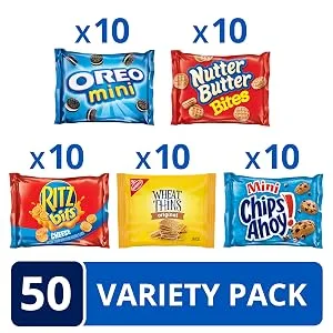 OREO Mini Cookies, Mini CHIPS AHOY Cookies, RITZ Bits Cheese Crackers, Nutter Butter Bites & Wheat Thins Crackers, Nabisco Cookie & Cracker Variety Pack, 50 Snack Packs - OREO Mini, Mini CHIPS AHOY! RITZ Bits Cheese, Nutter Butter Bites & Wheat Thins Variety Pack