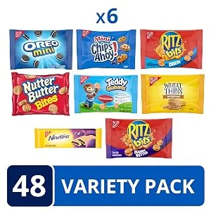 OREO Mini, CHIPS AHOY! Mini, Nutter Butter Bites, RITZ Bits Cheese, RITZ Bits Peanut Butter, Teddy Grahams Cinnamon, Wheat Thins, Fig Newtons, Cookies & Crackers Variety Pack Snack Box, 48 Snack Packs (assortment may vary) - Nabisco cookie and cracker variety pack, 48 Snack Packs