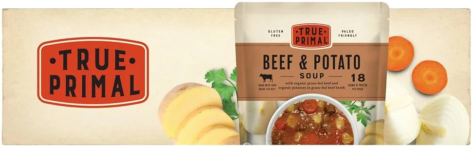 True Primal Beef & Potato Soup 8-pack - True Primal Beef & Potato Soup pouch and ingredients