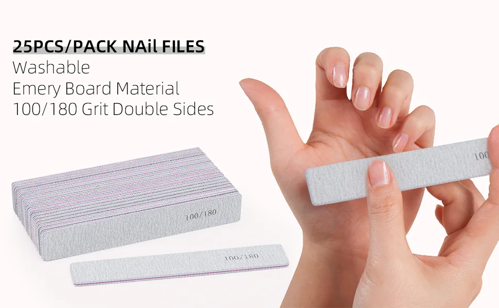25 Pack Nail Files for Acrylic Nails 100/180 Grit Double Sides Emery Boards Professional Nail Buffering Files Type 1 -25 Count - nail file