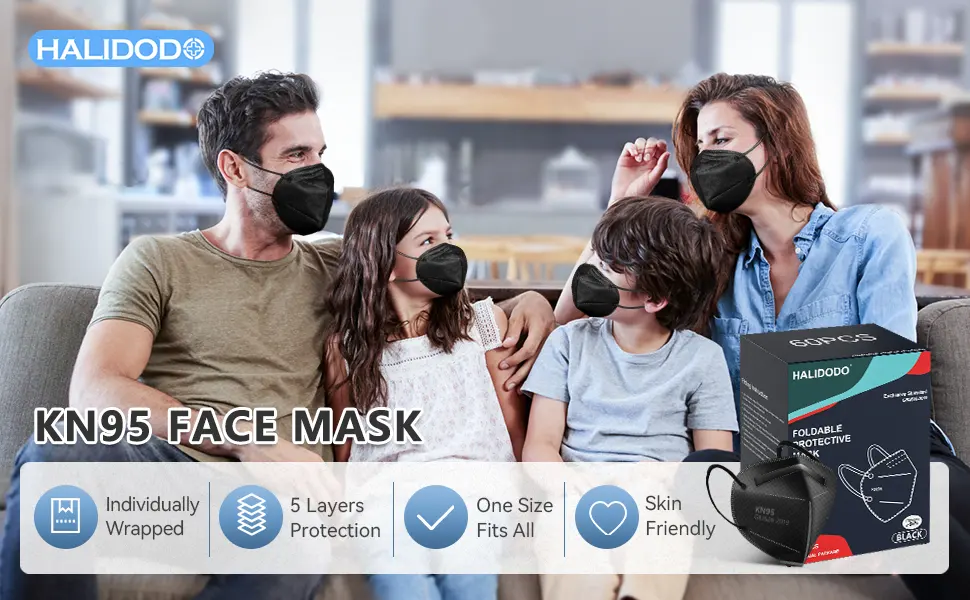 HALIDODO Individually Wrapped, 60 Packs KN95 Face Mask, 5-Ply Breathable Comfortable Safety Mask with Over 95% Filtering(Black) - 60B&W-111