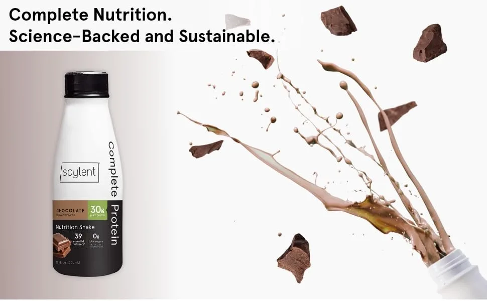 Soylent Complete Protein Gluten-Free Vegan Protein Meal Replacement Shake, Chocolate, 11 Oz (Pack of 12) - Complete Nutrition