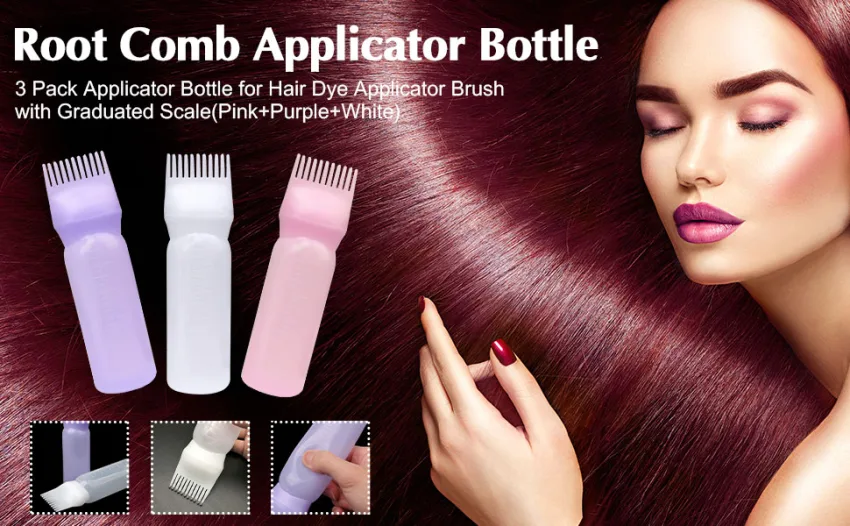 3 Pack Root Comb Applicator Bottle 6 Ounce, Applicator Bottle for Hair Dye Applicator Brush with Graduated Scale(Pink+Purple+White) Pink/Purple/White - G040N-11-N