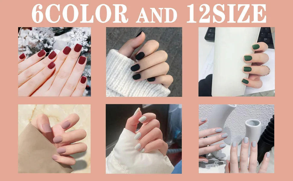 6 Packs (144 Pcs) Matte Short Press on Nails, Acrylic Short False Nails Full Cover Set Artificial Nails Fake Solid Color with Glue Nail File for Women - Press on Nails,