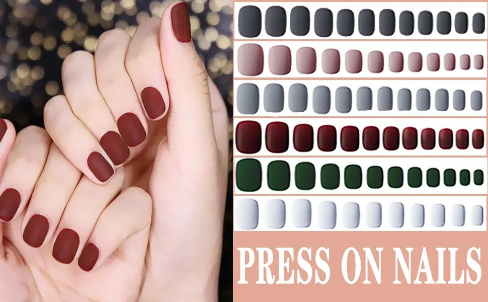 6 Packs (144 Pcs) Matte Short Press on Nails, Acrylic Short False Nails Full Cover Set Artificial Nails Fake Solid Color with Glue Nail File for Women - Short False Nails