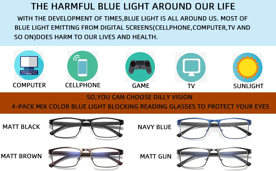 4-Pack Blue Light Blocking Reading Glasses for Men Stylish Metal Frame Readers with Comfort Spring Hinges Anti Glare UV Filter Eyeglasses , +2.5 STRENGTH 4 Pack Mix Colors 2.5 - blue light reading glasses