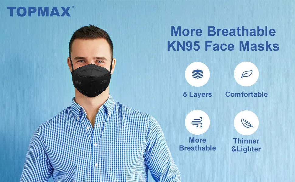 TOPMAX KN95 Face Masks 50 Pack 5-Ply Breathable Filter Efficiency95% Protective Cup Dust Disposable Masks Against PM2.5 Black Adult 50-pack Black - More Breathable KN95 Face Masks