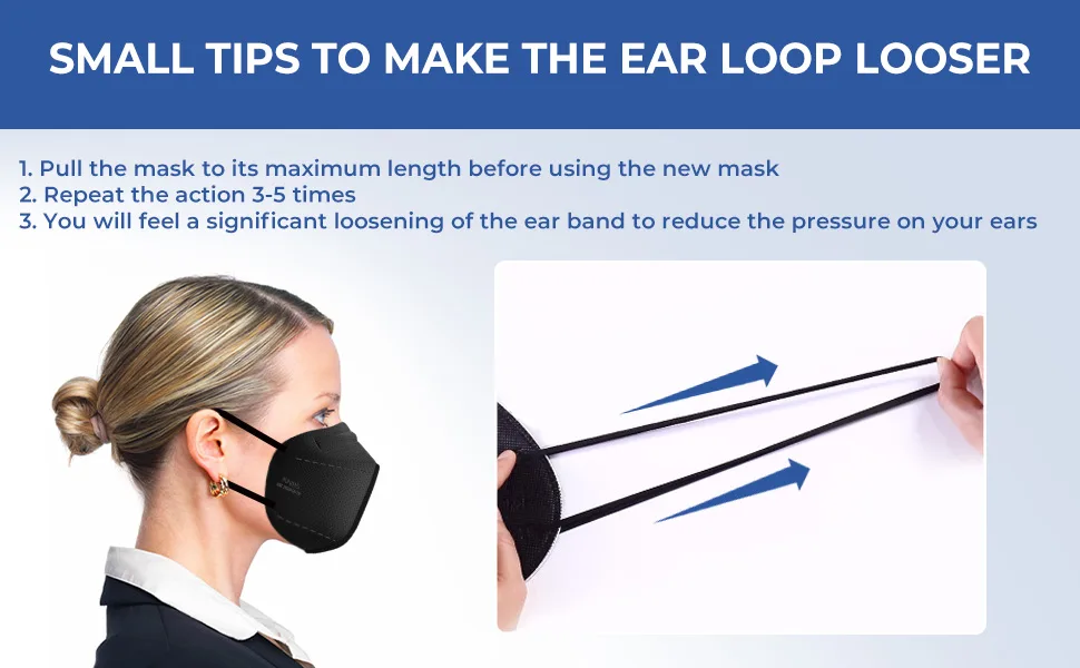 TOPMAX KN95 Face Masks 50 Pack 5-Ply Breathable Filter Efficiency95% Protective Cup Dust Disposable Masks Against PM2.5 Black Adult 50-pack Black - Small Tips to Make the Ear Loop Looser