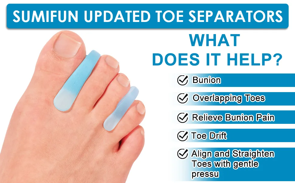 Sumifun 16 Packs Gel Toe Separator, Bunion Corrector and Bunion Relief, Flared Toe Spacers for Overlapping Toe Separators Hammer Toe Straightener for Overlapping Toes(12 Medium + 4 Large Size Blue) Blue2 - product information 10