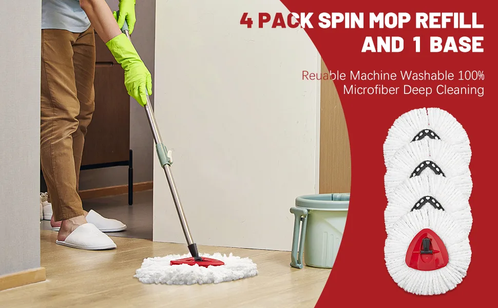 4 Pack Spin Mop Replacement Head - Includes 1 Rotating Mop Base - EasyWring Mop Refills Compatible with O Cedar Mop Replace Head, Microfiber Mmops for Floor Cleaning for Triangle Spin Mop 4 Pack White - Compatible with O-Cedar