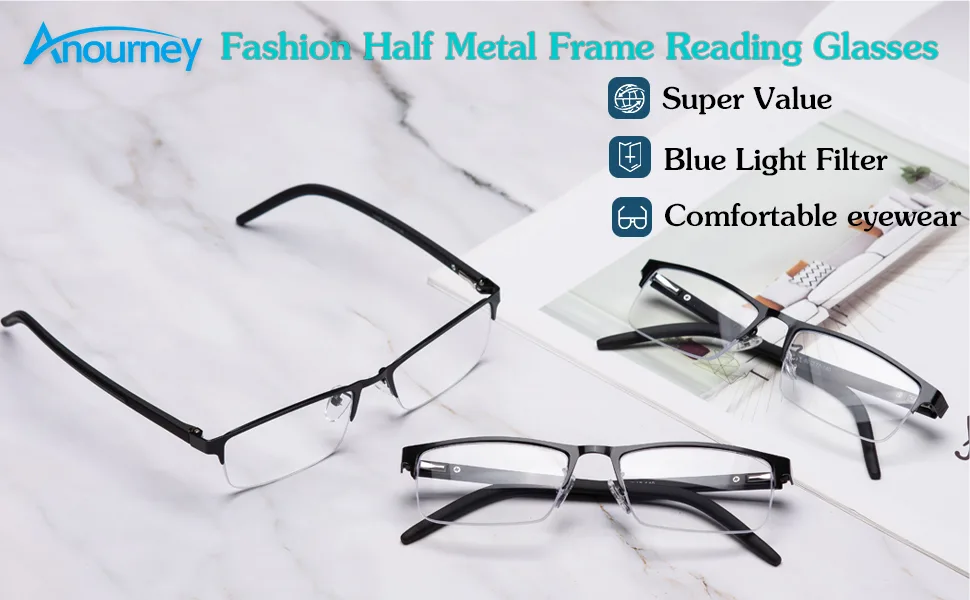 Anourney 3-Pack Reading Glasses for Men, Lightweight Metal Half Frame Blue Light Blocking Computer Readers, Filter UV Ray/Computer Glare with Spring Hinge Eyeglasses(3PCS Black,+1.25) 3 Pack(black) 1.25 x - reading glasses