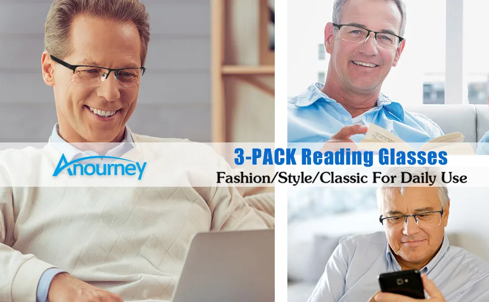 Anourney 3-Pack Reading Glasses for Men, Lightweight Metal Half Frame Blue Light Blocking Computer Readers, Filter UV Ray/Computer Glare with Spring Hinge Eyeglasses(3PCS Black,+1.25) 3 Pack(black) 1.25 x - reading glasses