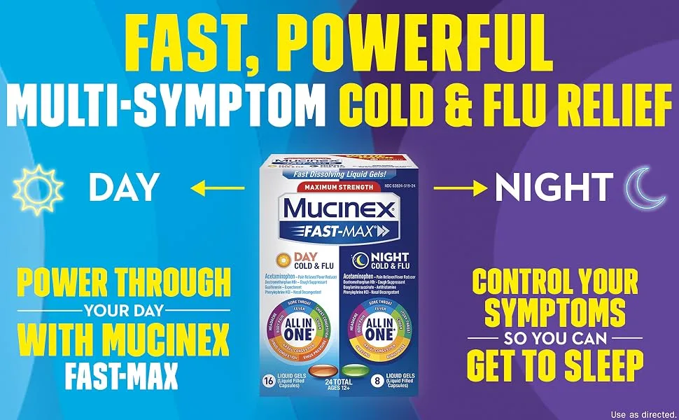 Mucinex Fast-Max Maximum Strength Cold & Flu Day and Night Medicine, All-in-One Multi-Symptom Relief Liquid Gels – 24 count (16 Day time + 8 Night time) (Packaging May Vary) - fast powerful max strength