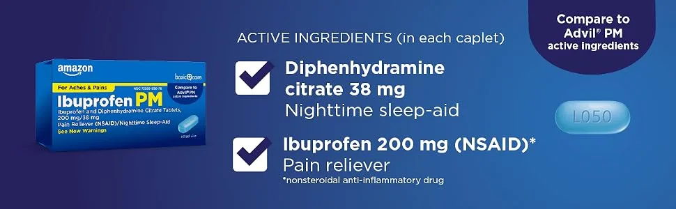 Amazon Basic Care Ibuprofen - 20 Coated Tablets - 200 mg. - Basic Care Ibuprofen PM active ingredient