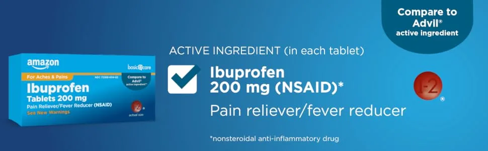 Amazon Basic Care Ibuprofen - 100 Coated Tablets - 200 mg. - Amazon Basic Care Ibuprofen tablets 200 mg pain reliever/fever reducer NSAID