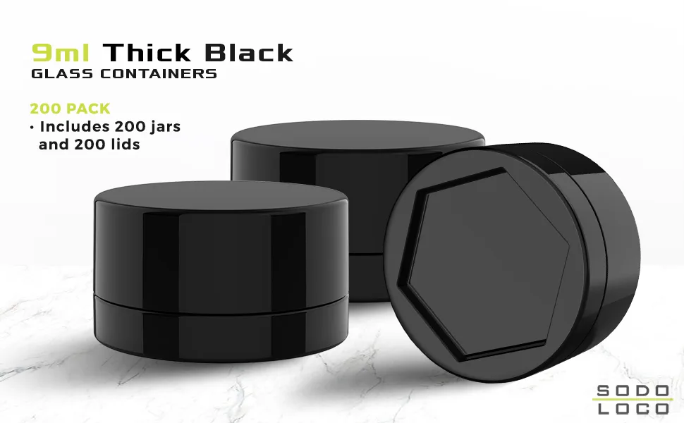 (200 Pack) 9ml Thick Black Glass Containers with Gloss Black Child Resistant Lids - Jars for Oil, Lip Balm, Wax, Cosmetics - 9ml Black Glass Jars with Black CR Lids - 1