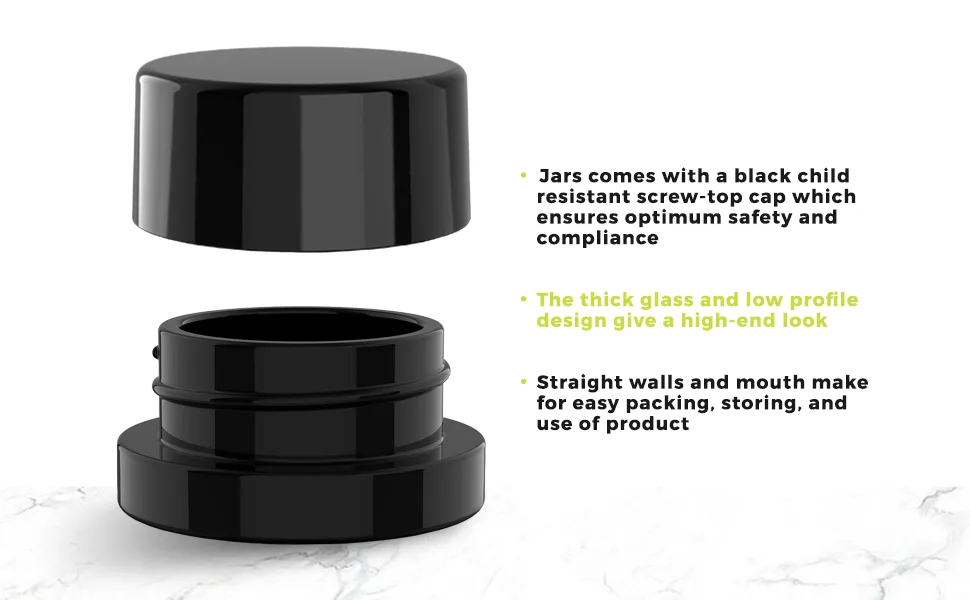 (200 Pack) 9ml Thick Black Glass Containers with Gloss Black Child Resistant Lids - Jars for Oil, Lip Balm, Wax, Cosmetics - 9ml Black Glass Jars with Black CR Lids - 3