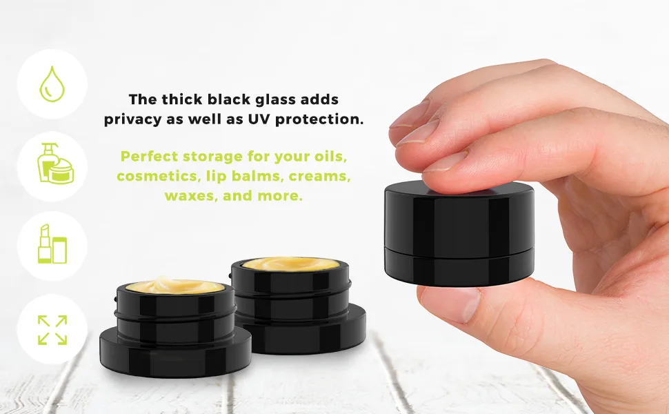 (200 Pack) 9ml Thick Black Glass Containers with Gloss Black Child Resistant Lids - Jars for Oil, Lip Balm, Wax, Cosmetics - 9ml Black Glass Jars with Black CR Lids - 5