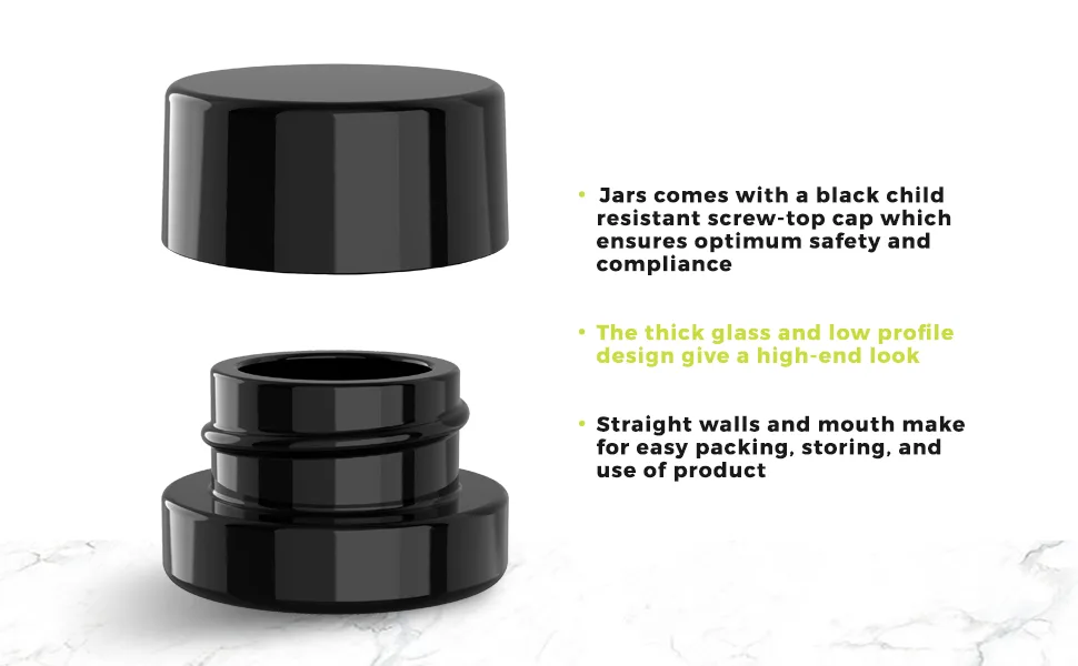 (200 Pack) 5ml Thick Black Glass Containers with Gloss Black Child Resistant Lids - Jars for Oil, Lip Balm, Wax, Cosmetics - 5ml Black Glass Jar with Black CR Lid 3
