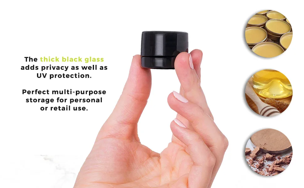 (200 Pack) 5ml Thick Black Glass Containers with Gloss Black Child Resistant Lids - Jars for Oil, Lip Balm, Wax, Cosmetics - 5ml Black Glass Jar with Black CR Lid 5