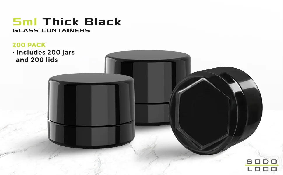 (200 Pack) 5ml Thick Black Glass Containers with Gloss Black Child Resistant Lids - Jars for Oil, Lip Balm, Wax, Cosmetics - 5ml Black Glass Jars with Black CR Lids