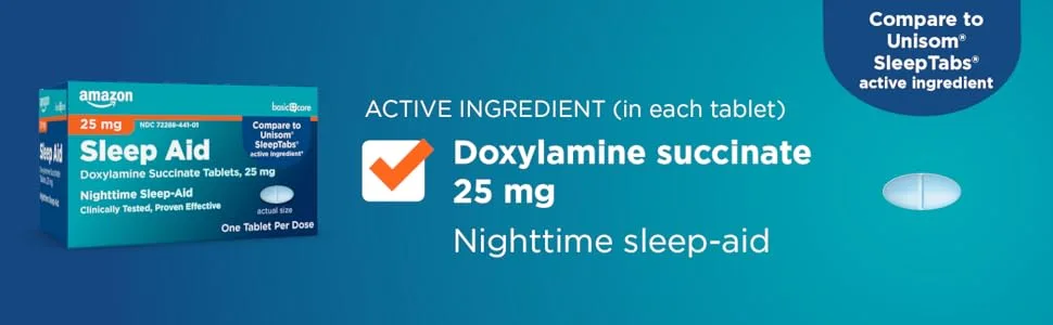 Amazon Basic Care Sleep Aid Tablets, Doxylamine Succinate Tablets, 25 mg, Nighttime Sleep Aid to Help You Fall Asleep, White, 96 Count - amazon basic care sleep aid, doxylamine succinate 25 mg