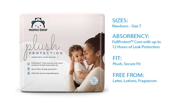 Amazon Brand - Mama Bear Plush Protection Size 3 Diapers, Ultra-soft, Hypoallergenic, Dermatologist Tested, For Babies Weighing 16 to 28 Pounds, Assorted Print, 40 Count Size 3 (40 Count) - mama bear plush protection diapers compare chart to gentle touch diapers sizes absorbency fit
