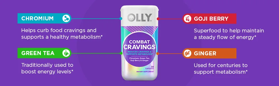 OLLY Combat Cravings, Metabolism & Energy Support Supplement, Chromium, Green Tea, Goji Berry, Ginger - 30 Count Combat Cravings 30 Count - image