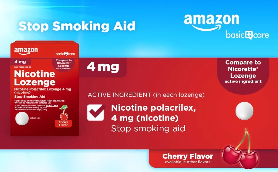 Amazon Basic Care Nicotine Polacrilex Lozenge 4 mg, Cherry Flavor, Stop Smoking Aid, 168 Count 4mg Cherry 168 Count (Pack of 1) - amazon basic care stop smoking aid 4 mg lozenge cherry flavor