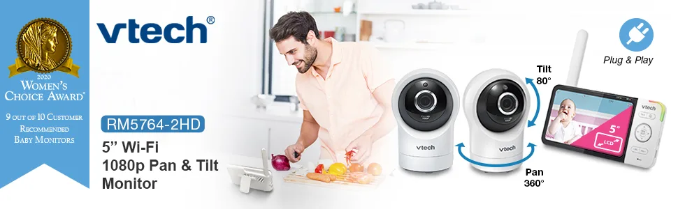 VTech RM5764-2HD 1080p Smart WiFi Remote Access 2 Camera BabyMonitor, 360 Pan & Tilt, 5" 720p HD Display, HD Night Vision, Soothing Sounds, 2-Way Talk, Temperature & Motion Detection, iOS & Android - RM5764-2HD