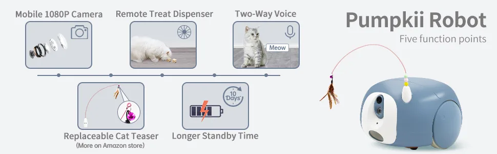 Pet Camera Robot, Cat Dog Treat Dispenser, Pumpkii Home Robot with App Remote Control, 2 Way Audio, 1080P HD Mobile Camera with Night Vision, Interactive Replaceable Cat Teaser Blue - 5 function points