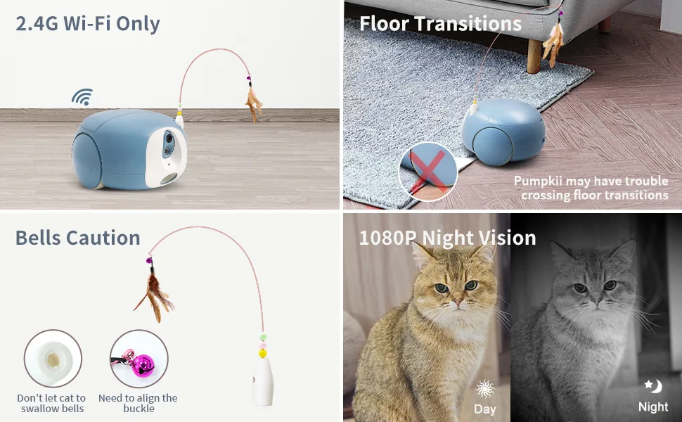 Pet Camera Robot, Cat Dog Treat Dispenser, Pumpkii Home Robot with App Remote Control, 2 Way Audio, 1080P HD Mobile Camera with Night Vision, Interactive Replaceable Cat Teaser Blue - note
