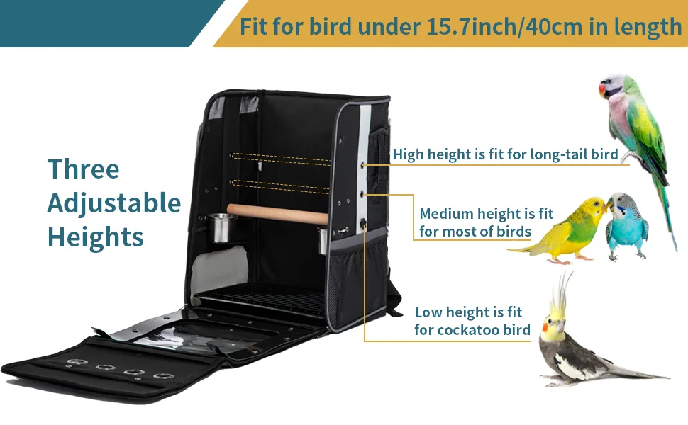 Bird Carrier with Shade Cover,2 Level Adjustable Height with Standing Perch,2 Feeder Bowls and Great Ventilation, Cockatiel Bird Travel Cage Grey Large Grey - bird carrier backpack bird backpack carrier with perch