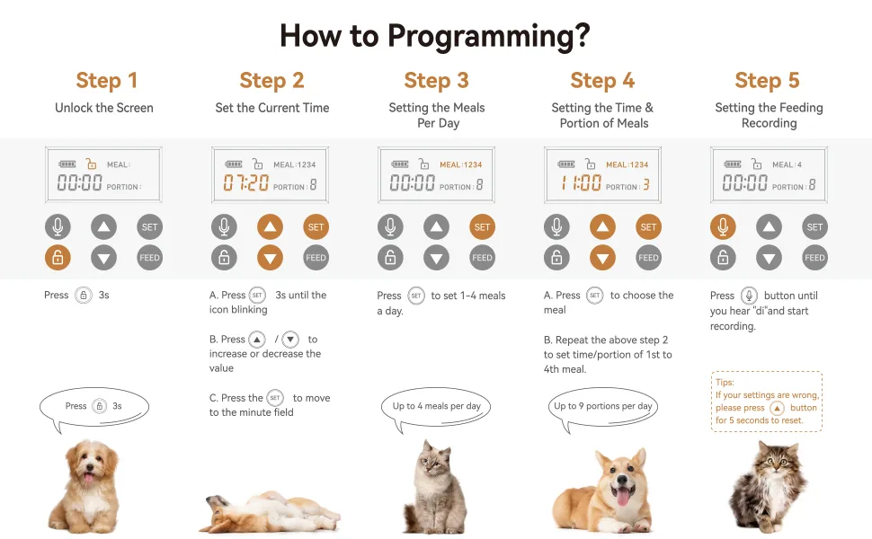 5L Automatic Cat Feeder, Auto Pet Feeder for Cats Dogs, Dry Food Dispenser, Smart Timed Feeder, Programmable Portion Control, 4 Meals per Day, 10s Voice Recorder for Small & Medium Pets - How to programming the automatic pet feeder ?