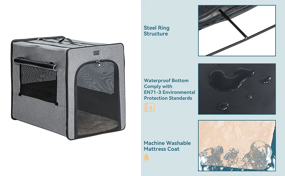 Petsfit Sturdy Steel Frame Soft Dog Crate, Collapsible for Travel M: 24" x 18" x 21" Light Grey A - Details