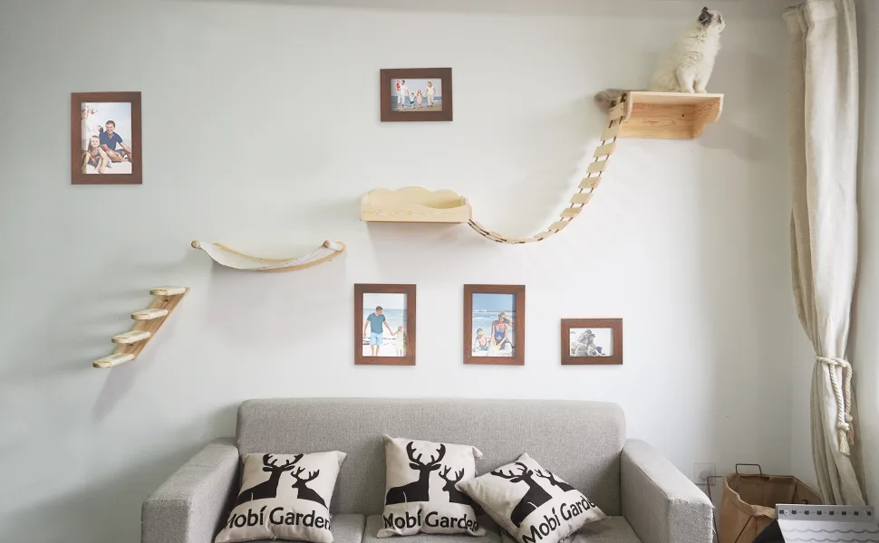 Yiotl Wall-Mounted Cat Shelf Sets Wood Cat Bed Hammock Climbing Bridge Step Solid Wood Cat Tree Ladder Modern Cat Wall Shelf Furniture Sets with Cat Mat - product information 2