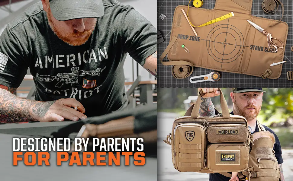 TBG - Daypack Mini - Tactical Diaper Bag Backpack - Small - for Women & Kids (Coyote Brown) - Designed by Parents for Parents, Photos of Man Working, Changing Mat and Man Holding Diaper Bag