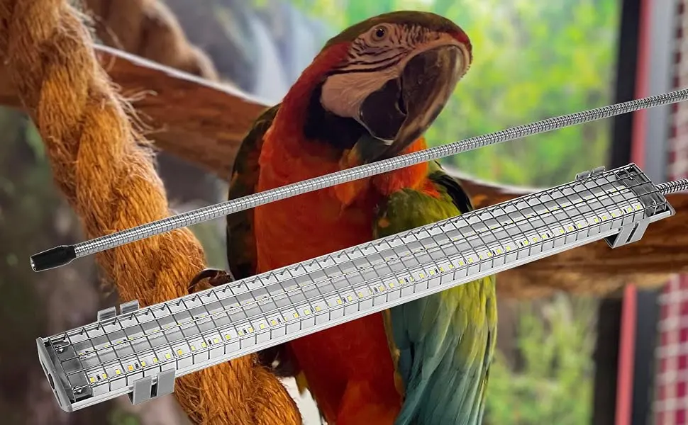 M&M Cage Company - Bird Cage Light with Chew Guard for Hook Bill Birds & Soft Bill Birds - Full Spectrum LED Pet Light - Simulates Natural Environment Hookbill Light 18" - Macaw and light