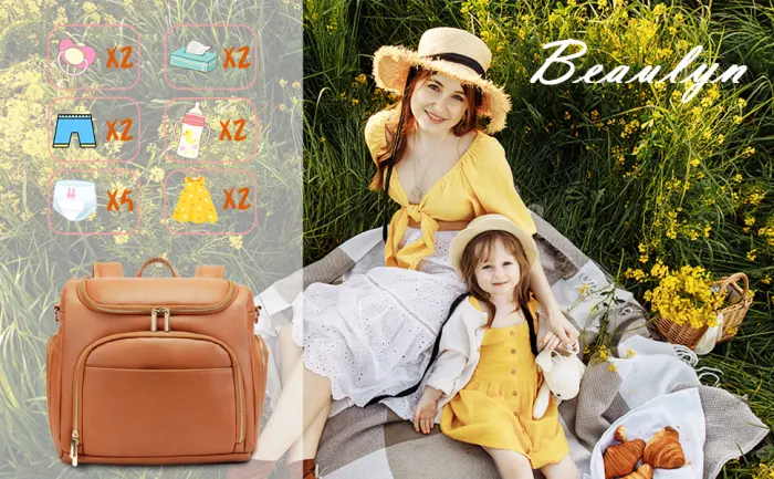 Beaulyn Leather Diaper Bag Backpack, 5-in-1 Travel Back Pack Tote with Changing Pad Large Capacity Brown - product information 1